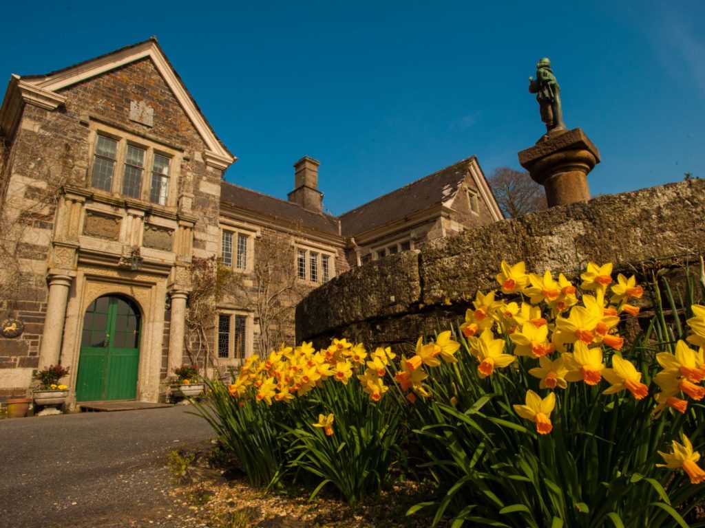Front door at Lewtrenchard Manor with narcissi flowers in the foreground